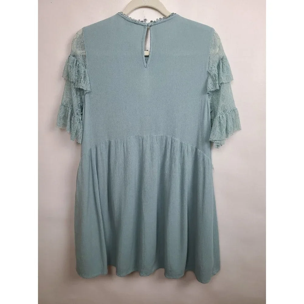 Umgee Mint Green Lace Ruffle Short Sleeve Mini BOHO Dress Size Small - Picture 7 of 9